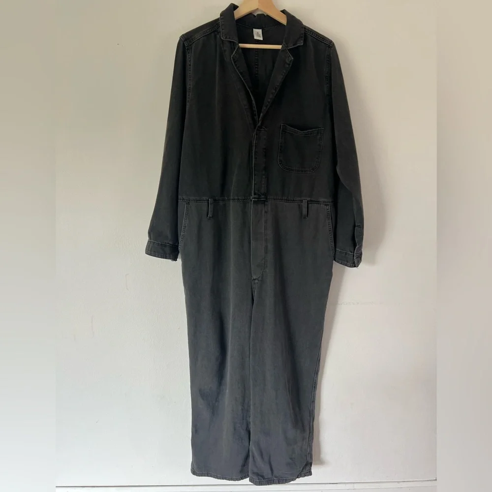 &Denim Washed Black Grey Long Sleeve Button Front Relaxed Fit Denim Jumpsuit - Picture 1 of 11